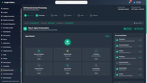 Agent Orchestration Network - Multi-agent coordination view showing all 7 specialized agents with real-time processing pipeline status